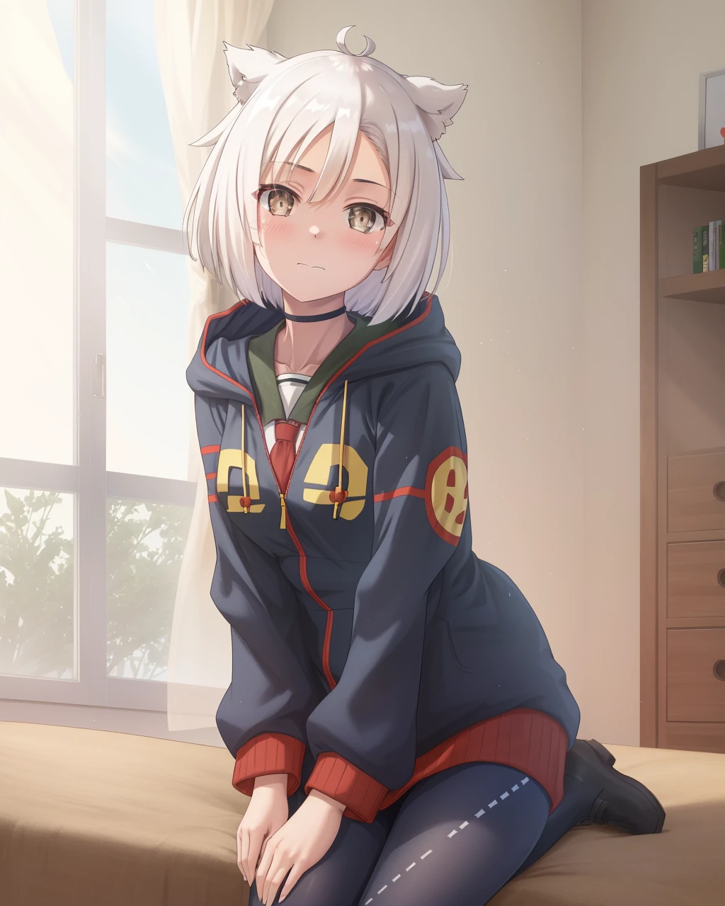 (masterpiece, best quality), intricate details,
1girl, <lora:kayoko_bluearchive:0.8> kayoko_bluearchive, black_hair, multicolored_hair, white_hair, horns, two-tone_hair, red_eyes, bangs, halo, piercing, hair_between_eyes, ear_piercing, closed_mouth, ponytail, blush, earclip, long_hair,
<lora:OnesiePJs-Finale:0.8> brown onesie, on bad, bed on back, blushing, from above, eyeliner, mascara, arms behind head,
