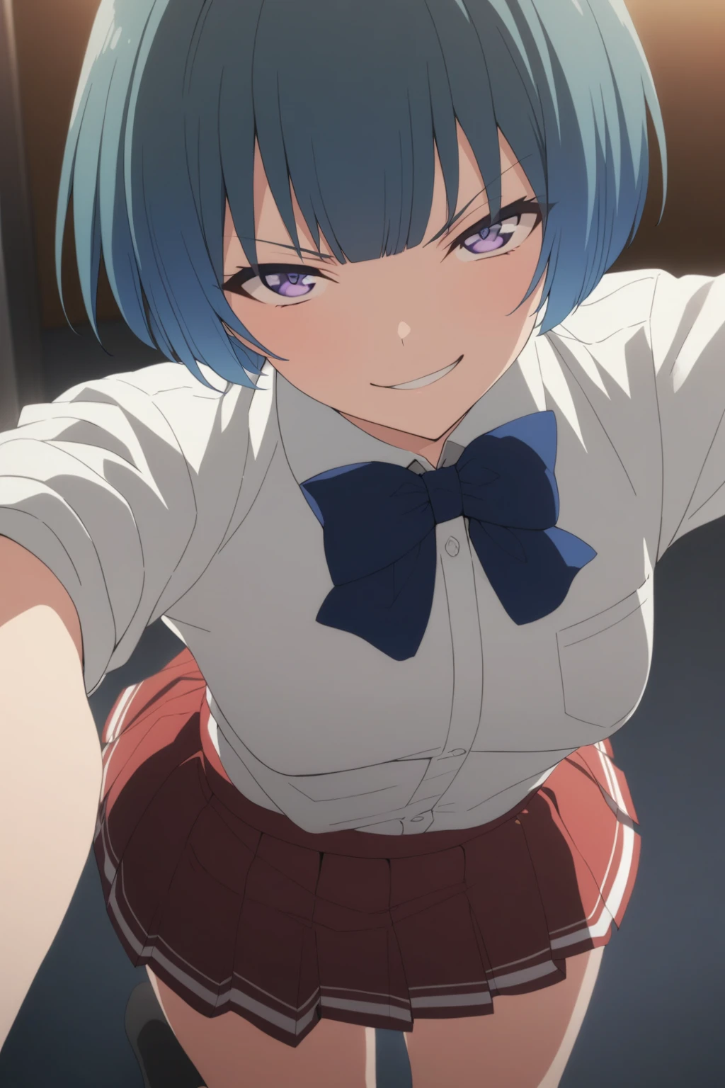 Beautiful lighting, One Girl, solo, Akane, White shirt, Sweater vest, Black vest, Blue tie, ((Anime Style))、((2D))、Laughter、Open your mouth、Look forward,((Cotton panties with crotch)),(((Skirt flip, I can see your pants))),squat,From below,