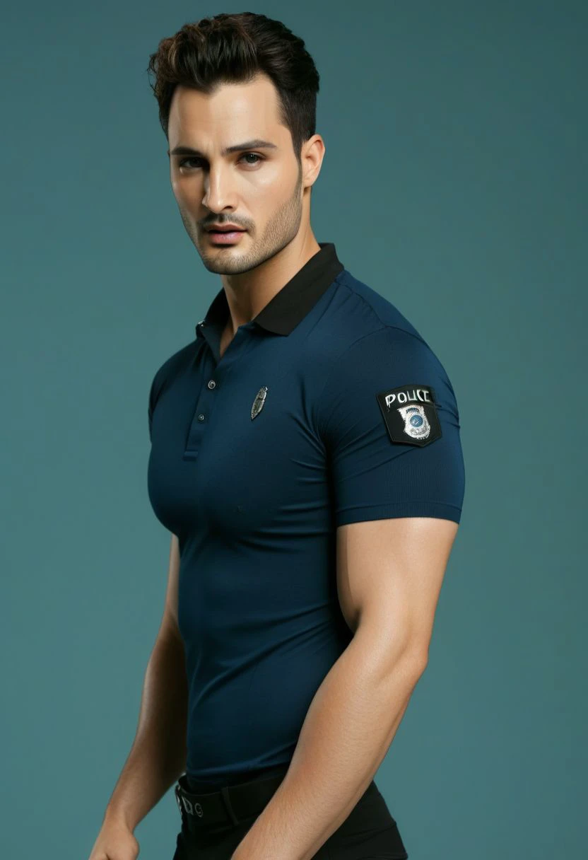 Ultra-detail, (highres:1.1), best quality, (masterpiece:1.3), Michael Malarkey a man <lora:Umar-Riaz_Michael-Malarkey:0.75>, skinny muscled, modern haircut, dynamic posture, ((wearing police polo shirt)), dramatic angle, full-body from above looking away,