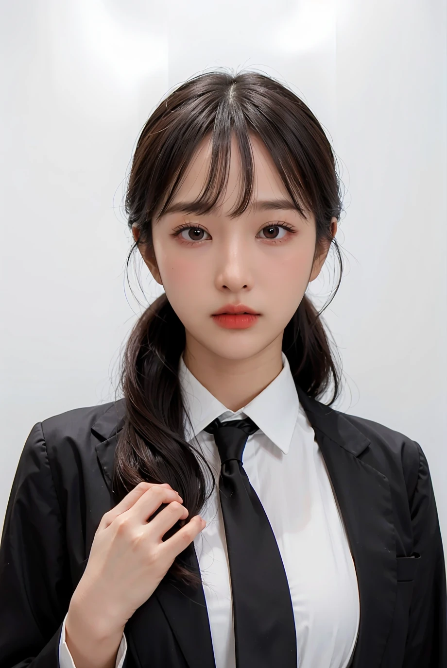 1girl, black formal attire, white background, <lora:mahnmook_lastidol-02:1>