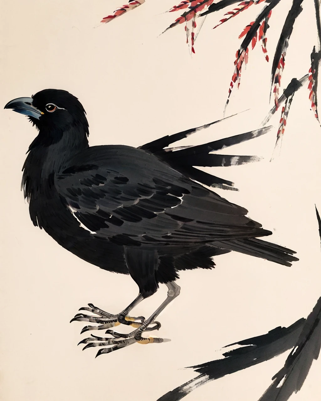 best quality,masterpiece,highly detailed,ultra-detailed,
<lora:neg4all_bdsqlsz_V3.5:-1>,American Crow It has black feathers, a sturdy beak, and a harsh cawing
<lora:Qi Baishi:1>qi baishi, no humans, simple background, animal focus, animal, leaf, plant, painting \(medium\), scenery, still life