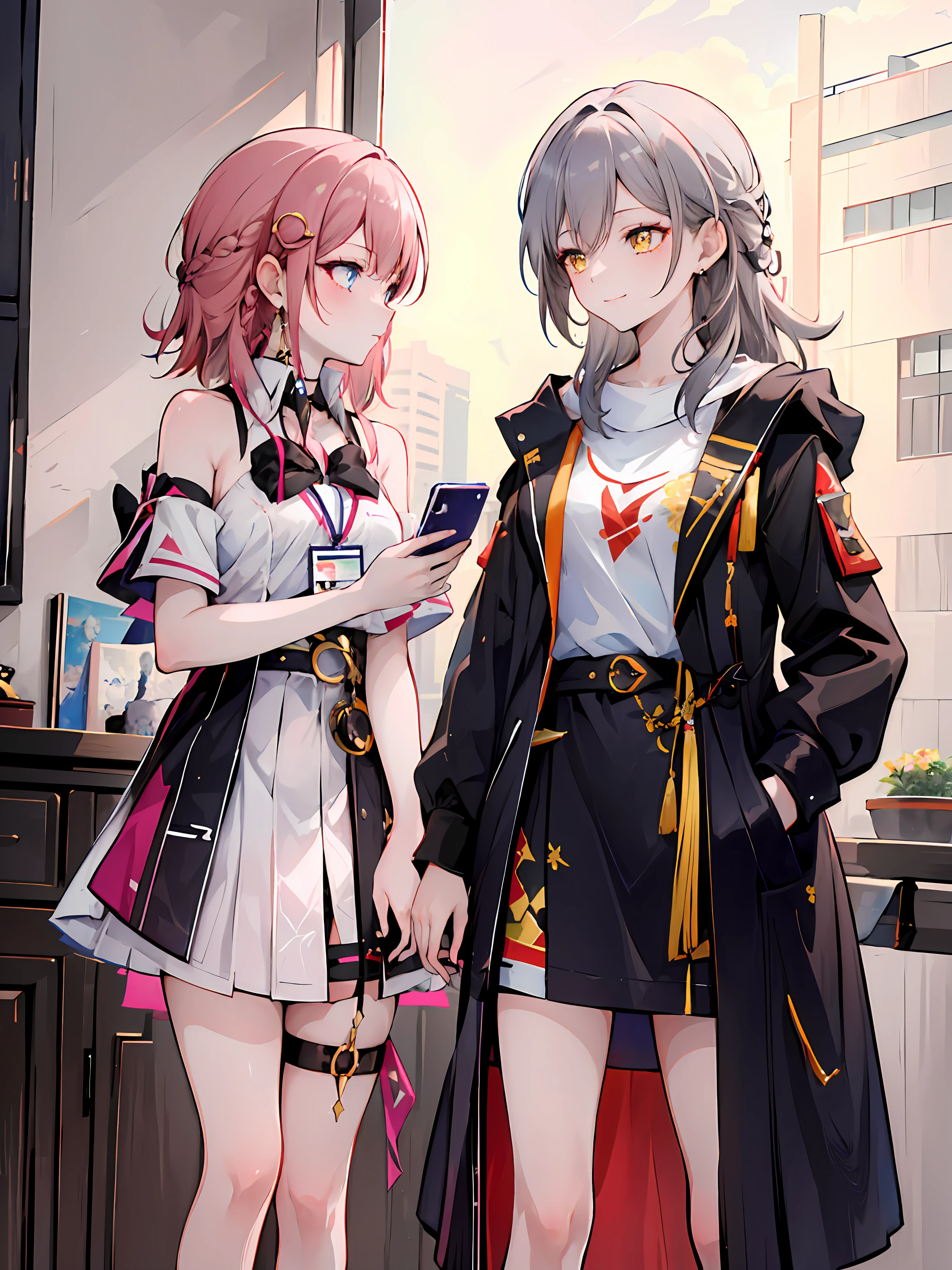 ((masterpiece,best quality)), 2girls, looking at another, standing ADDCOMM
1girl, asta, choker, id card, thigh strap, blush BREAK
1girl, stelle, open coat, black gloves, smile, closed mouth