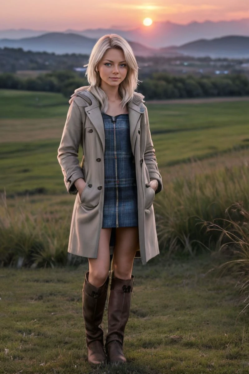 photo of S323_AnnelyGerritsen,a stunning woman,on a (field:1.1),wearing a (coat:1.1) and (boots),(sunset),(4k, RAW photo, best quality, depth of field, ultra high res:1.1),(absurdres, intricate, photorealistic, masterpiece, ultra-detailed:1.1),
