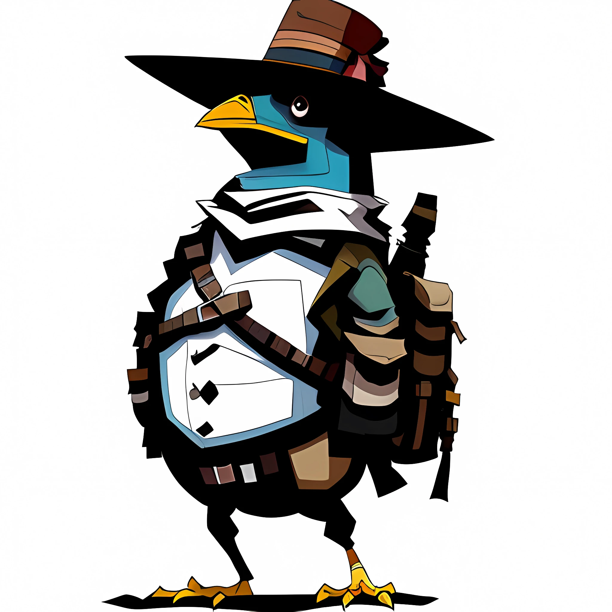 adventurous cute funny bird, donned a tiny explorer's hat and carried a mini backpack, wide shot, ((full body shot)) upper torso, walk in wild colorfully, White background, holding a weapon, Post apocalyptic, extreme close up, rich details, highly detailed