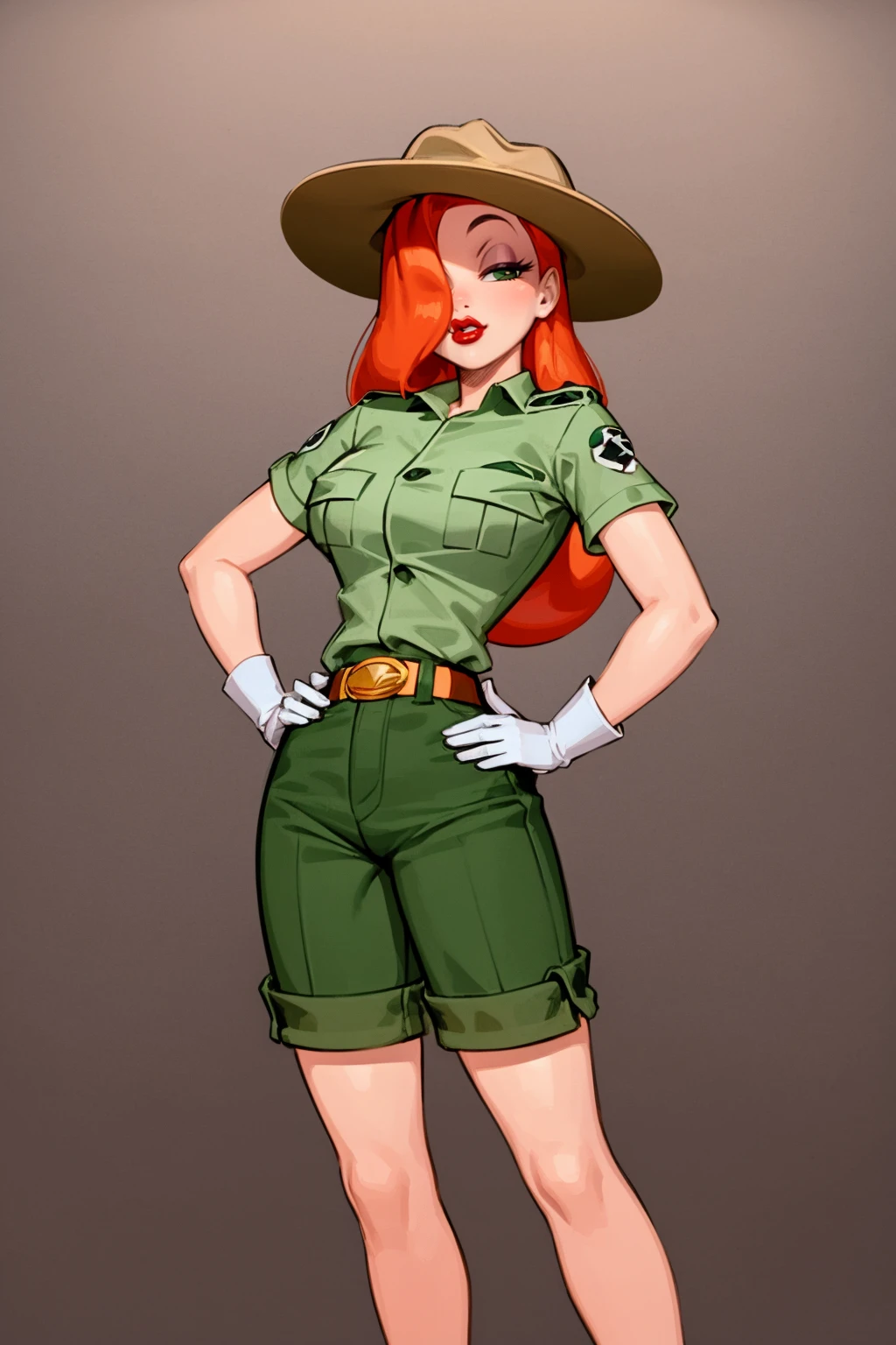 masterpiece, best quality,
1girl, jessicaranger, orange hair, long hair, green eyes, hat, green shirt, short sleeves, shorts, belt, white gloves, lipstick, makeup, ranger uniform,
closed mouth, hands on hips, standing, full body, solo, looking at viewer, simple background <lora:JessicaRabbit:1>
