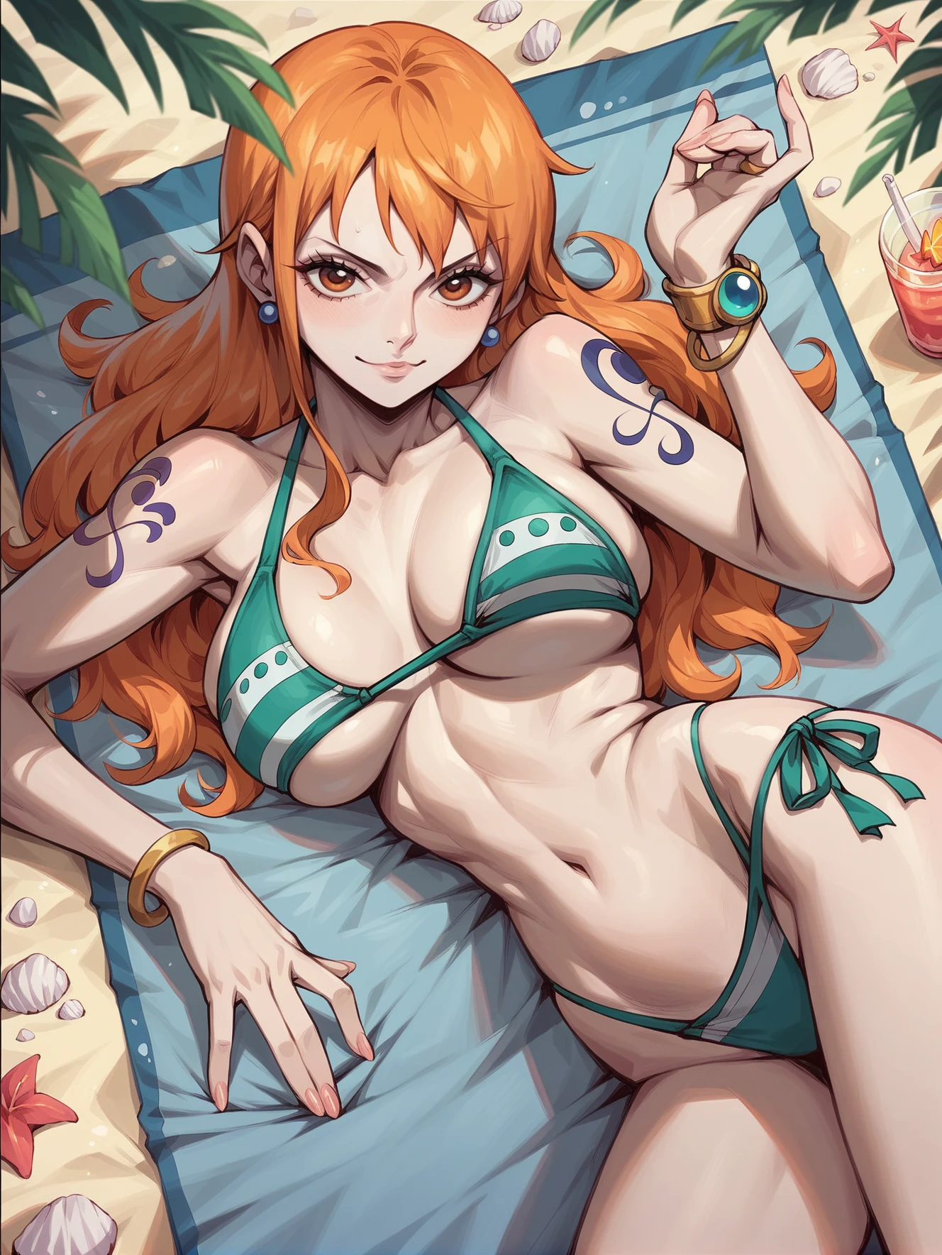 score_9, score_8_up, score_8, nami from one piece laying on towel at beach looking at viewer, bikini <lora:ArtgermCopicXL:1>
