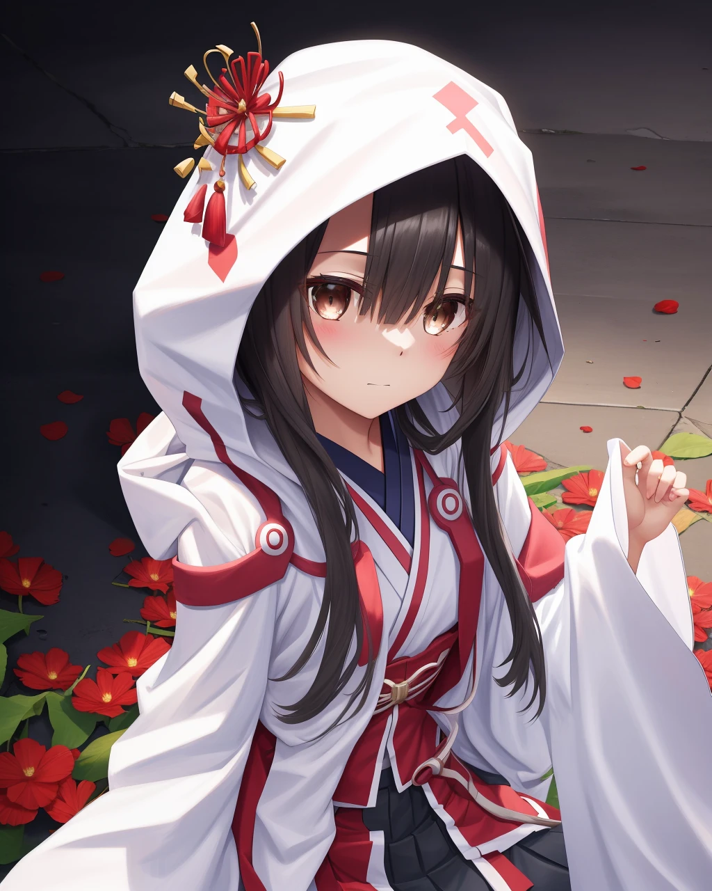 <lora:Koori_Chikage-10:0.8>,1girl, solo,shirt, black hair,dark brown eyes,hair between eyes,flower,White pleated skirt,White japanese clothes, wide sleeves,hood, red flower,