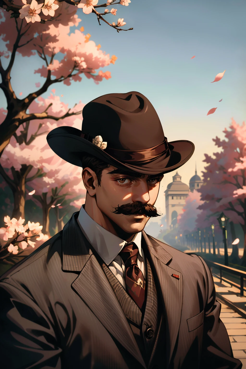 ((ultra detailed, masterpiece, absurdres))
<lora:DIMHHHolmes:0.9>
DIMHHHolmes, 1boy, brown hair, brown eyes, short hair, mustache, hat, suit, Cherry Blossom Trees in Spring