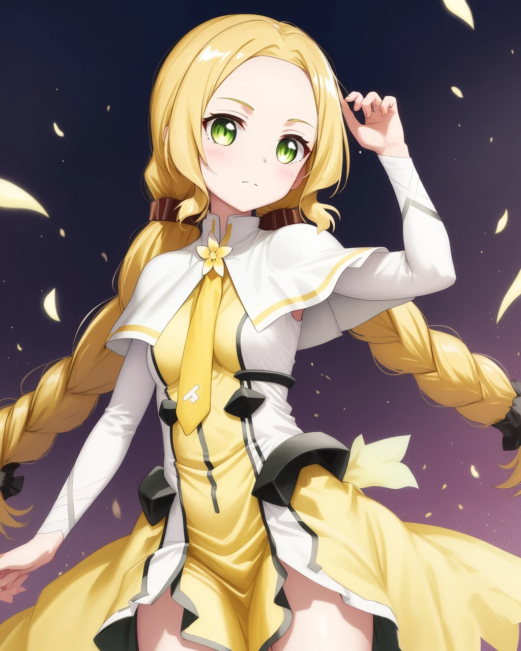 <lora:Inubouzaki_Fuu-10:0.8>, 1girl, solo, long hair, blonde hair, twintails,light green eyes,twin braids, dress,capelet, magical girl, yellow dress,yellow necktie,