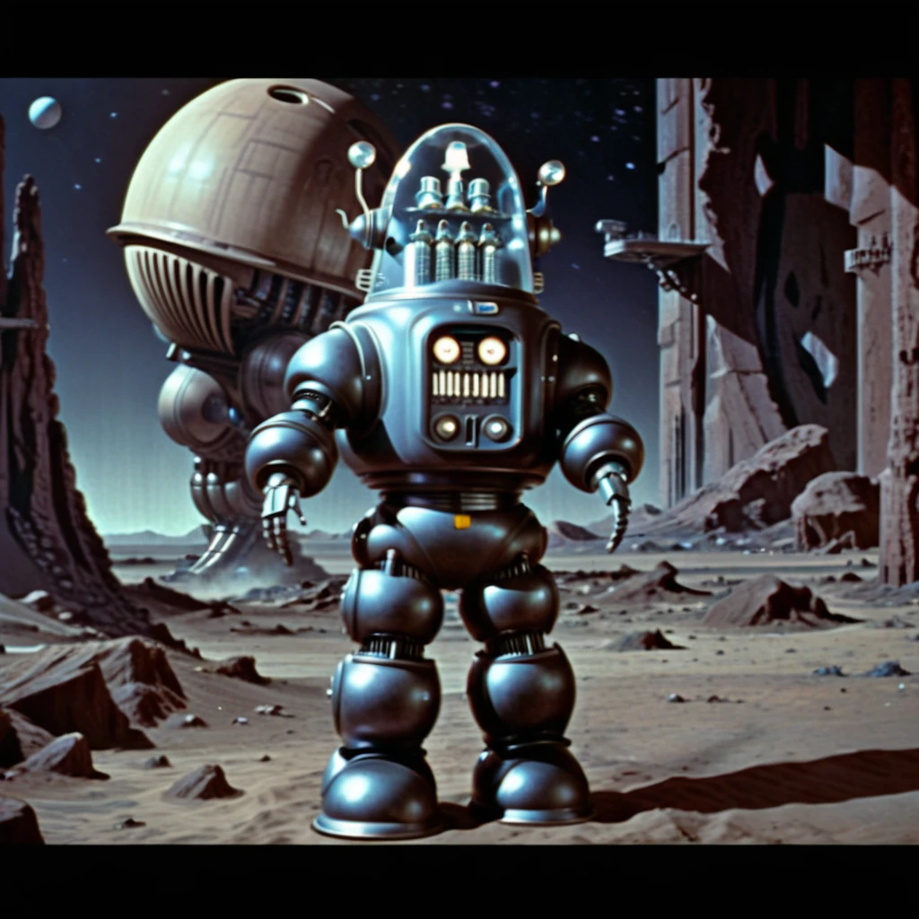 Robbie_FP50, 16k, movie still, ((cinematic)), full body standing robot, science fiction, realistic, (intricate details:1.1), retro artstyle, futuristic sci-fi space background, helmet, (extremely detailed:1.3), Forbidden Planet, metal spheres legs, <lora:Robbie_FP50_XL:1> Robbie_FP50