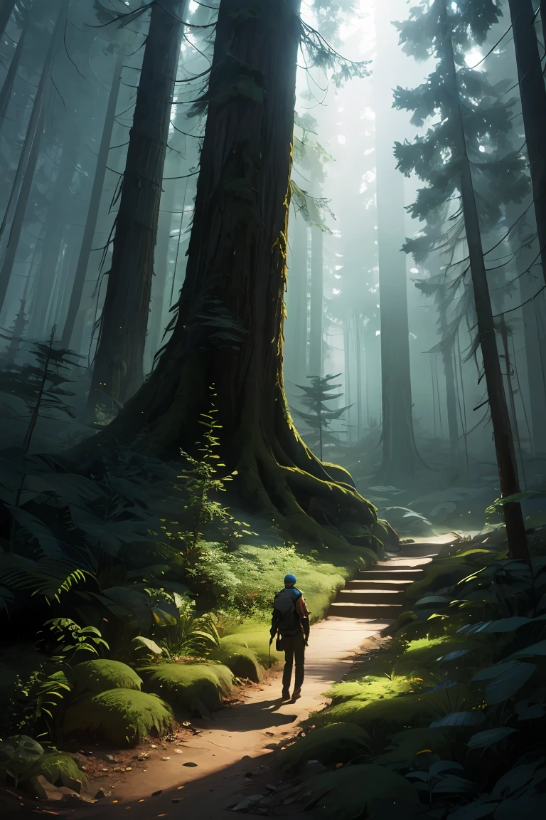 explorer in deep elder growth forest intricately detailed natural volumetric lighting fantasy atmosphere
