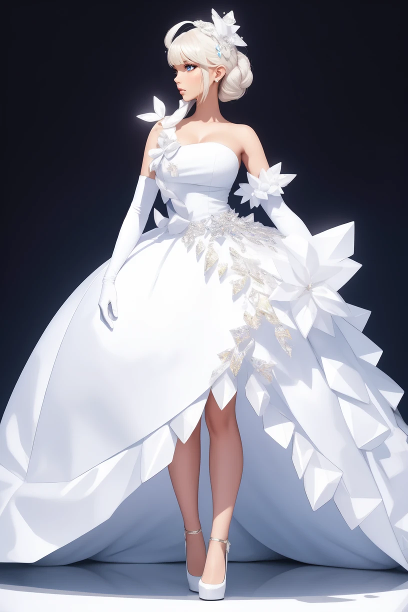 (full body:1.2), adult, large breasts, woman, wearing lgdress_1, one shoulder short white dress, unique, avant-garde silhouette, metallic sheen,large crystal embellishments adorning the dress from the waist and shoulders, gloves, hair decoration, <lora:lgdress_1-11:0.6>, A contemporary art museum, with spacious galleries and impressive installations, high heels