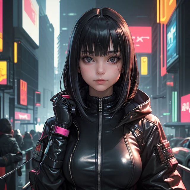 best quality, masterpiece,1girl, solo, looking at viewer, gloves, breasts, jacket, medium hair, upper body, cyberpunk, bangs, hatching (texture), closed mouth, cable, bodysuit, wire, science fiction