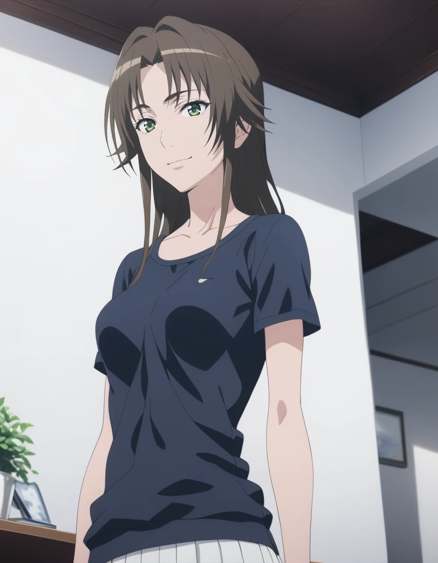 1girl,solo,
<lora:ryoukanXL1:0.8>,ryoukan,
 brown hair,long hair,green eyes,casual wear,skirt,
light smile,
masterpiece, best quality, ultra detailed, highres,4k,(ultra-detailed:1.4) (illustration:0.5), (ray tracing,:0.8),(anime colored:0.7),(ai-generated:0.5), (anime screencap:1.2),