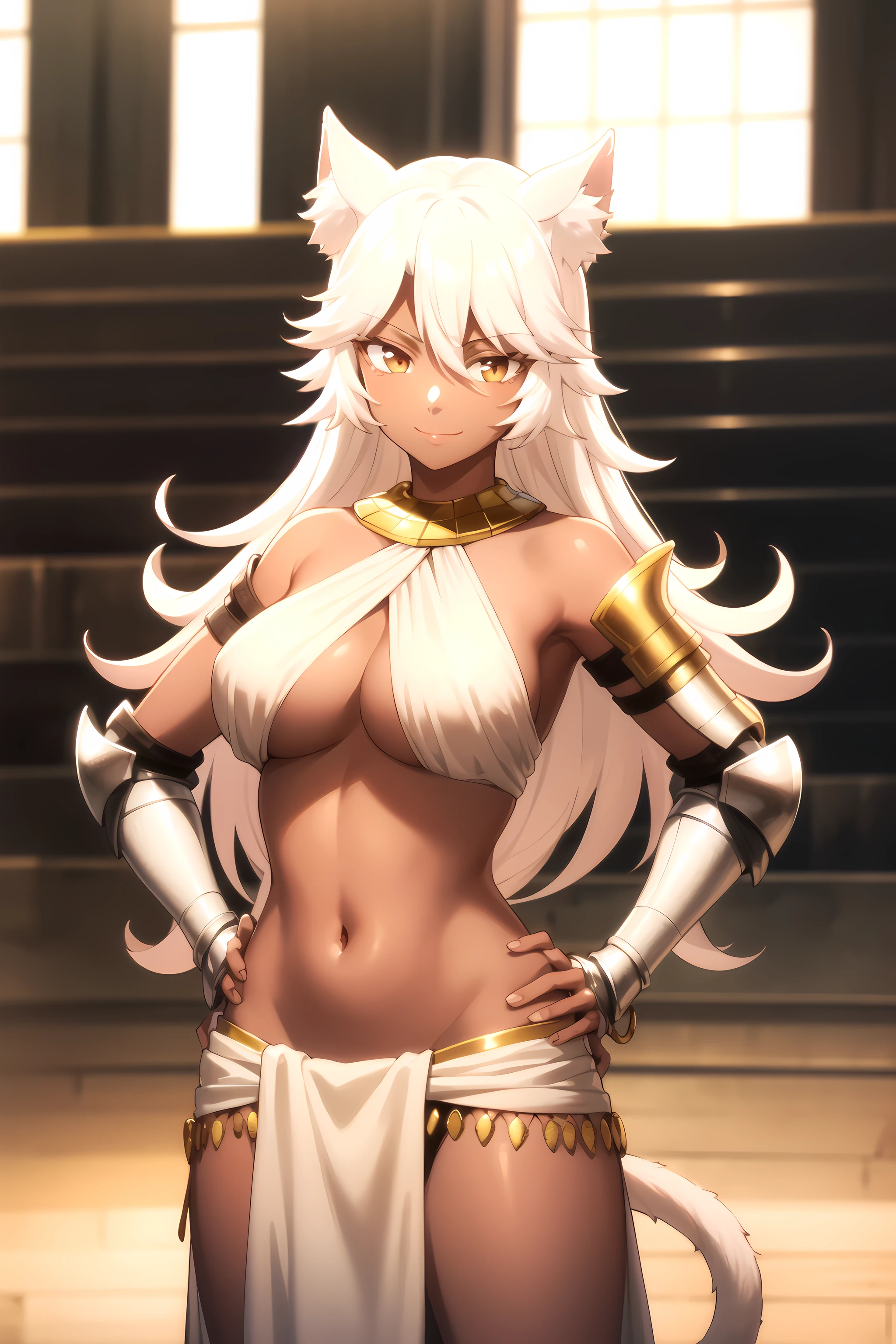 best quality, masterpiece, detailed,
<lora:KekkonYubiwaMonogatari_GranartNeedakitta:0.8>, GranartNeedakitta,
1girl, closed mouth, smile,
dark skin, white hair, very long hair, yellow eyes, slit pupils, cat ears,
egyptian clothes, neck ring, gold trim, halterneck, armor, cleavage,
standing, looking at viewer, (facing viewer:1.2), hands on own hips,
arena, stone