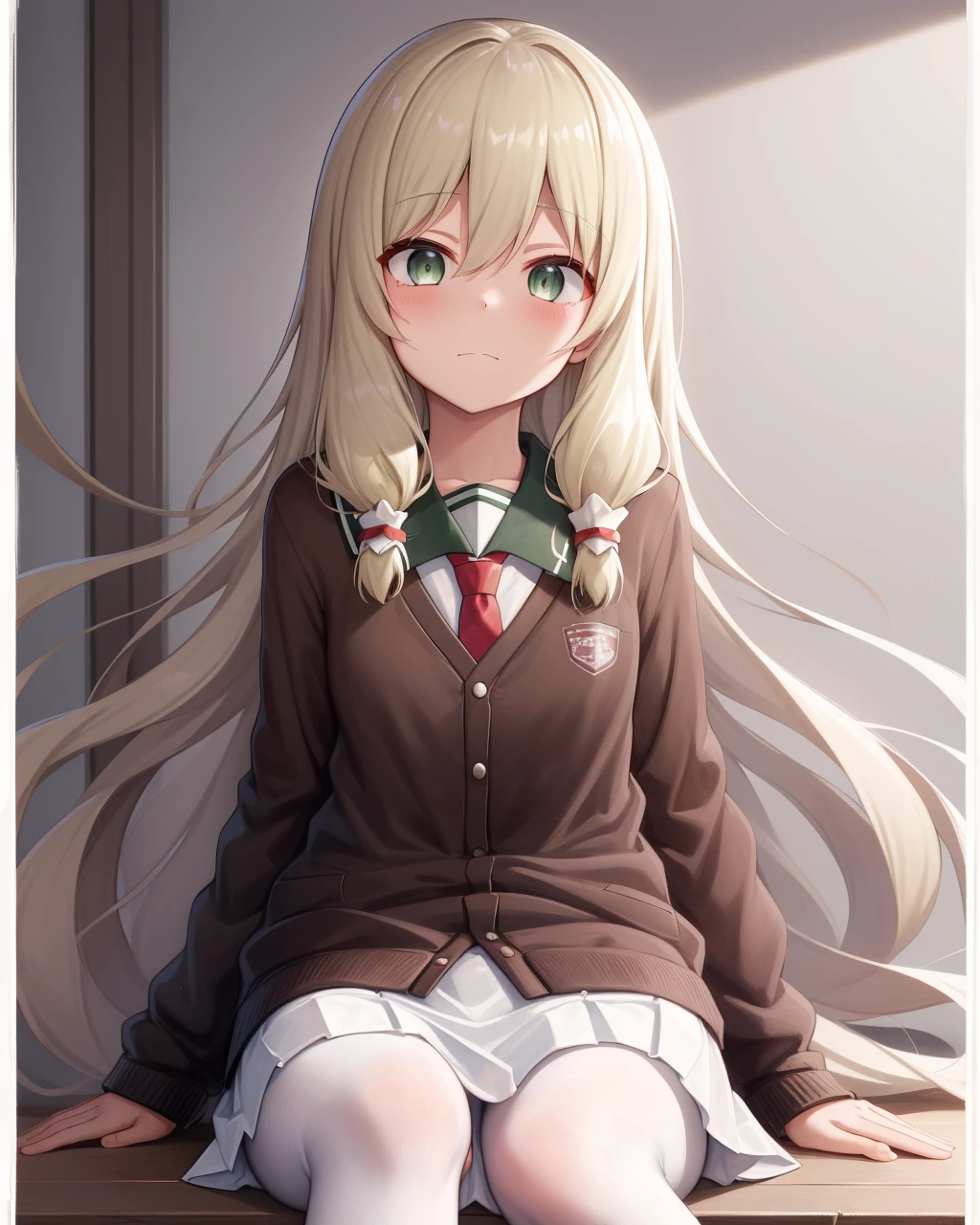 <lora:Kokudo_Aya-10:1>,1girl, solo,green eyes,blond hair,very long hair,sidelocks,hair tubes,hair between eyes,school uniform,white shirt, white skirt, white socks, red necktie, brown cardigan,serafuku,