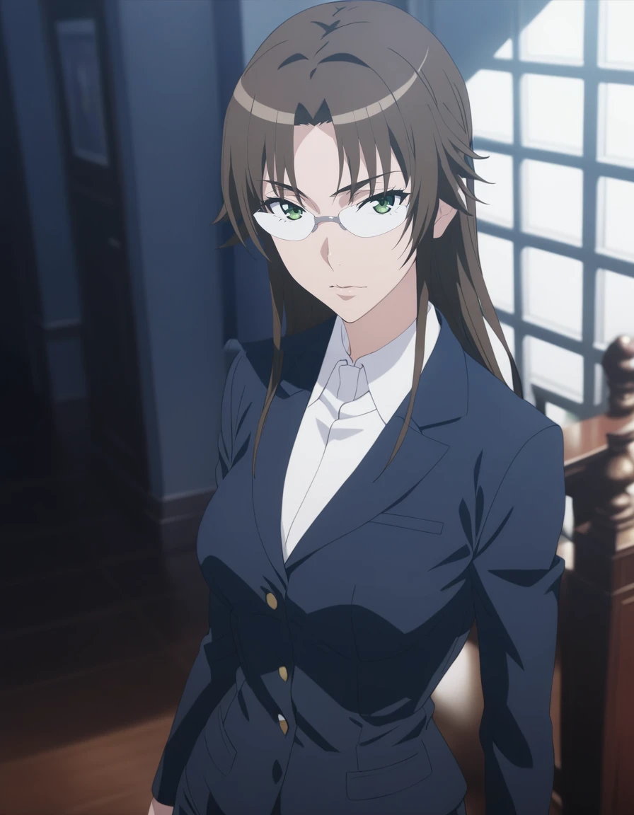 1girl,
<lora:ryoukanXL1:0.8>,ryoukan,
brown hair,long hair,green eyes,opaque glasses,pantyhose,suit, pencil skirt,,
looking at viewer,standing,upper body,
masterpiece, best quality, ultra detailed, highres,4k,(ultra-detailed:1.4) (illustration:0.5), (ray tracing,:0.8),(anime colored:0.7),(ai-generated:0.5), (anime screencap:1.2),