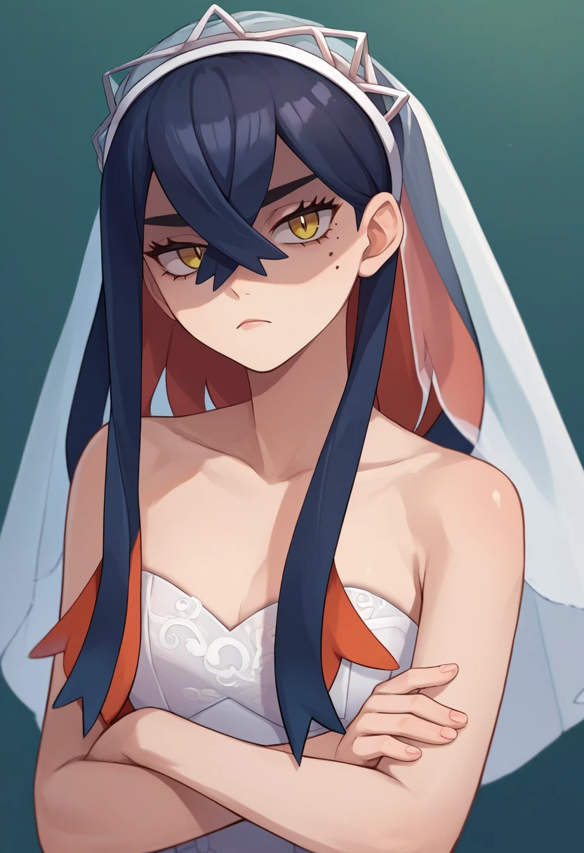score_9, score_8_up, score_7_up, source_anime, solo, 1girl, pokemoncarmine, shaded face, unamused, looking at viewer, crossed arms, mole under eye, hairband, wedding dress, strapless, bare shoulders <lora:pokemon_carmine_ponyXL:1>