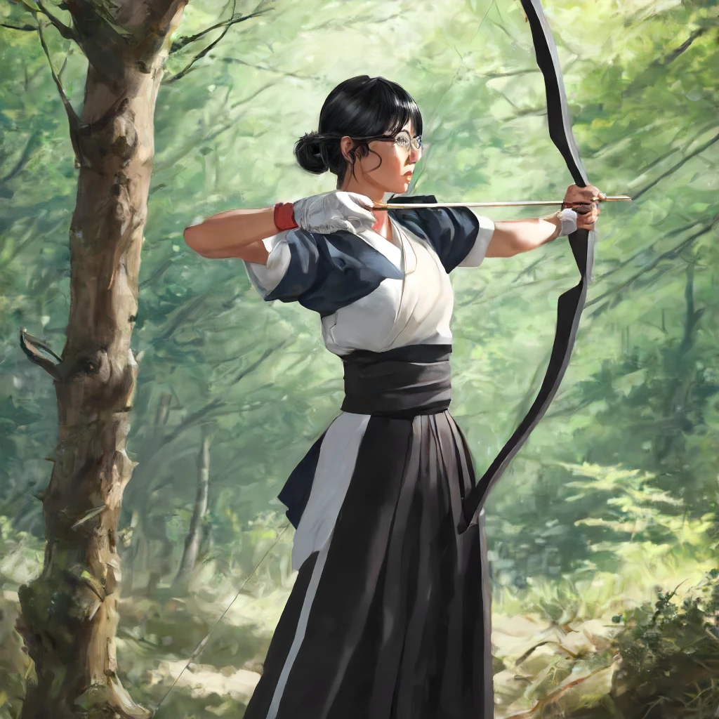 1girl,kai, aiming bow, solo, black hair, gloves, holding, upper body, weapon, male focus, outdoors, japanese clothes, holding weapon, tree, sunglasses, hakama, nature, forest, single glove, bow (weapon), partially fingerless gloves, arrow (projectile), holding bow (weapon), aiming, yugake, holding arrow, drawing bow, archery, kyuudou,<lora:Kyuudou_LoRA:0.5>