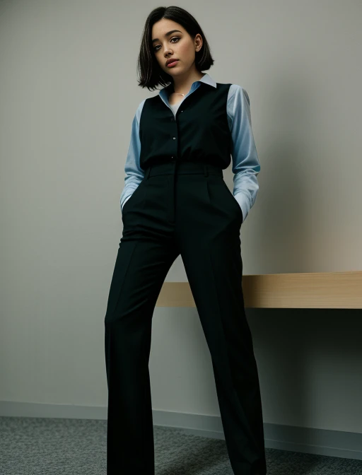 full body shot of business photo of laika_aka, pants, black attire, big breats, collared shirt, tucked shirt, <lora:laika_aka:1>. Professional attire, workplace setting, confident. Whole outfit, clear, sharp, balanced<lora:lcm-lora-sd15:1.0>