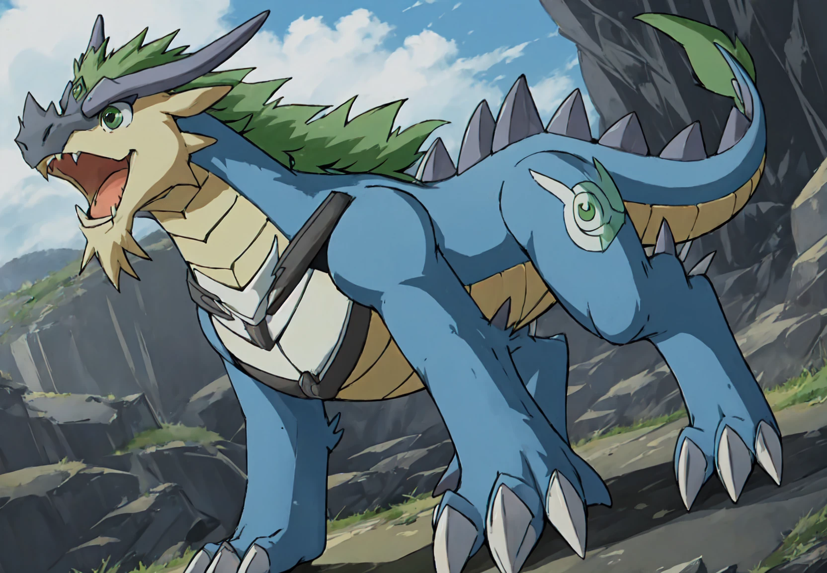 solo,feral,dragon,open mouth,heterochromia,male,claws,scalie,Green hair,green eyes,<lora:tianjinsou-000014:0.7>,