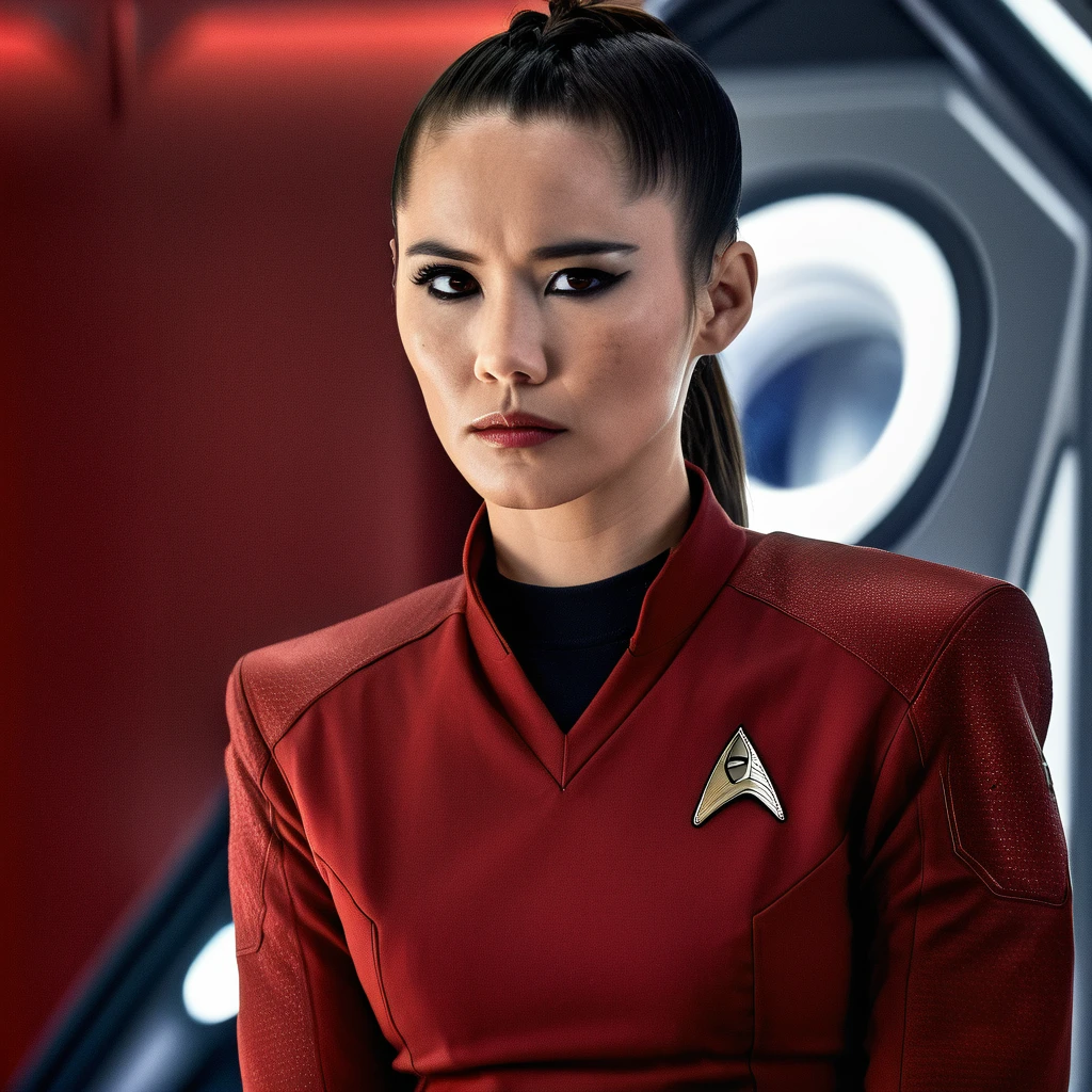 8K UHD, full body shot, facing the camera, film still of pretty petite fit ((chong)) as a Star Fleet security officer wearing a highly detailed seamless fitted red Starleet uniform shirt with black slacks and boots, official pose standing at attention with her hands clasped, setting is the observation deck of a starship, hair pulled back in a ponytail, analog style, real, masterpiece, highly detailed textured pale skin, ((very light complexion)), (((freckles))), attractive mouth, (full lips), lip gloss, ((perfect teeth)), [[black eyeliner]], intense gaze, toned legs, (photo real), gorgeous detailed eyes, nose, unreal engine, rich details, ((muted colors)), very sharp focus