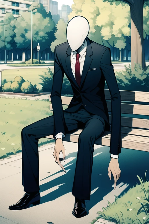 <lora:slenderman-07:1>, slenderman, outdoors, sitting on bench, public park, ddaytime,, masterpiece, best quality