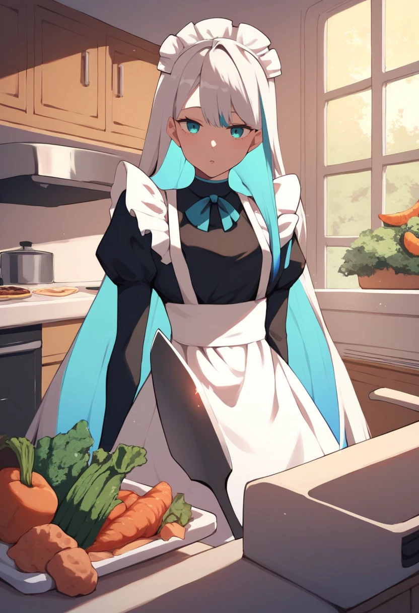 score_9, score_8_up, score_7_up, source_anime, 1girl, PSchan, cowboy shot,, <lora:PSchanXLPD-000009:1>, maid, maid headdress, maid apron, indoors, kitchen, kitchen knife, food, vegetable, long hair, multicolored hair,