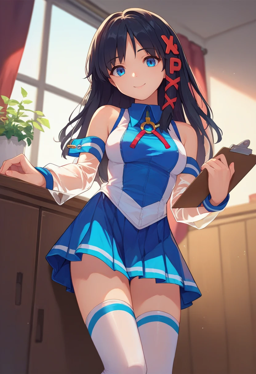 score_9, score_8_up, score_7_up, source_anime, solo, 1girl, xp-tan, smile, looking at viewer, holding clipboard, black hair, x hair ornament, sleeveless shirt, detached sleeves, see-through, blue skirt, white thighhighs, bare shoulders, indoors <lora:os-tan_xp-tan_ponyXL-04:1>