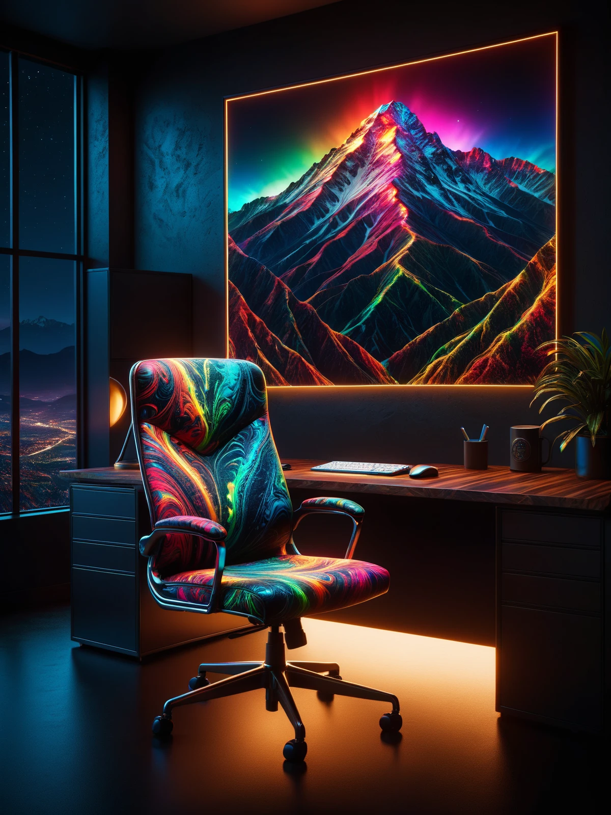 glowing colorful mad-mbp ffice chair and wooden desk in a dark expensive office, photograph of a mountain on the wall, night, night<lora:Glowing_Marbled_Paper_SDXL:0.8>, (masterpiece:1.2), best quality, (hyperdetailed, highest detailed:1.2), high resolution textures