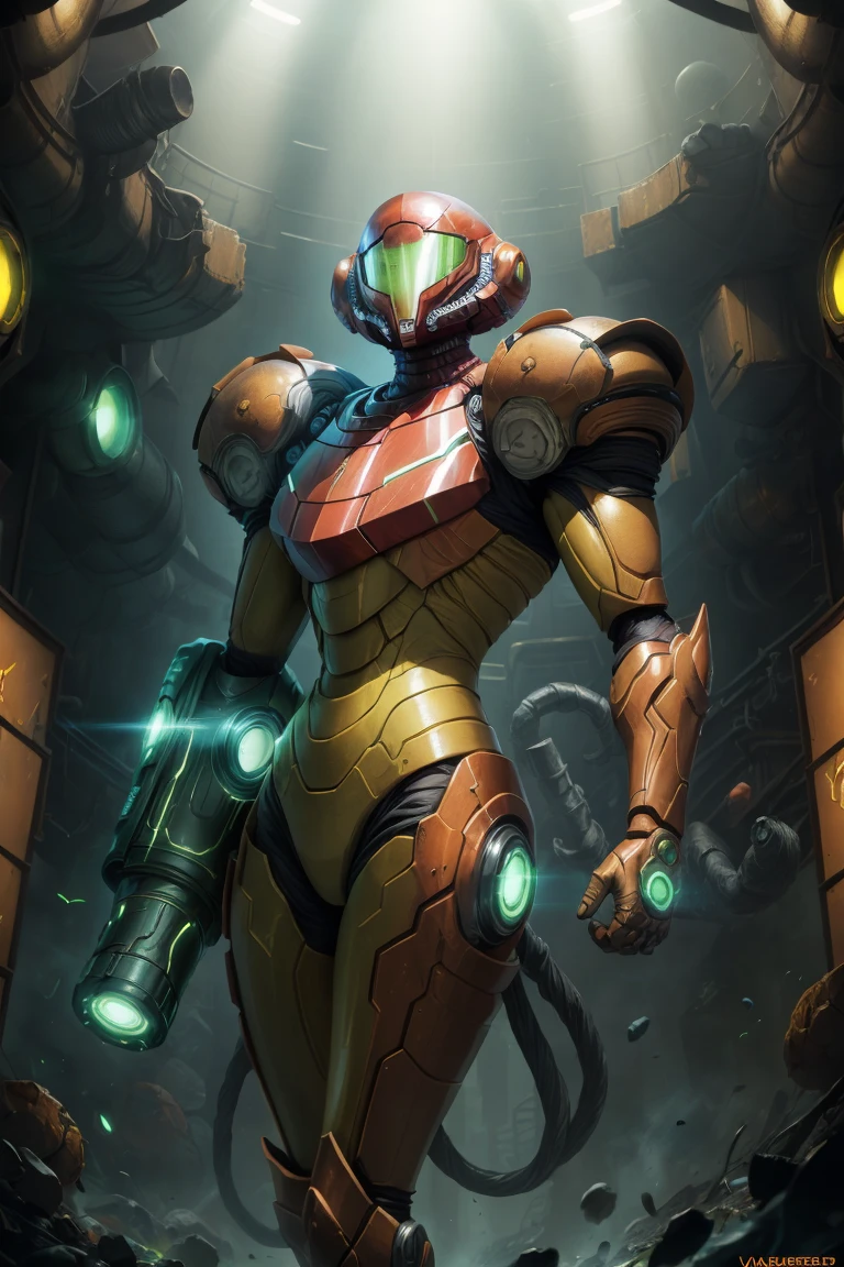 ((masterpiece,best quality)),  <lora:Samus_Varia_Suit:0.8>,  samus aran, (orange armor:1.2),  varia suit, arm cannon,  highres, official art,  solo, cowboy shot, shiny metal,  <lora:more_details:0.3>, glow, cinematic composition,