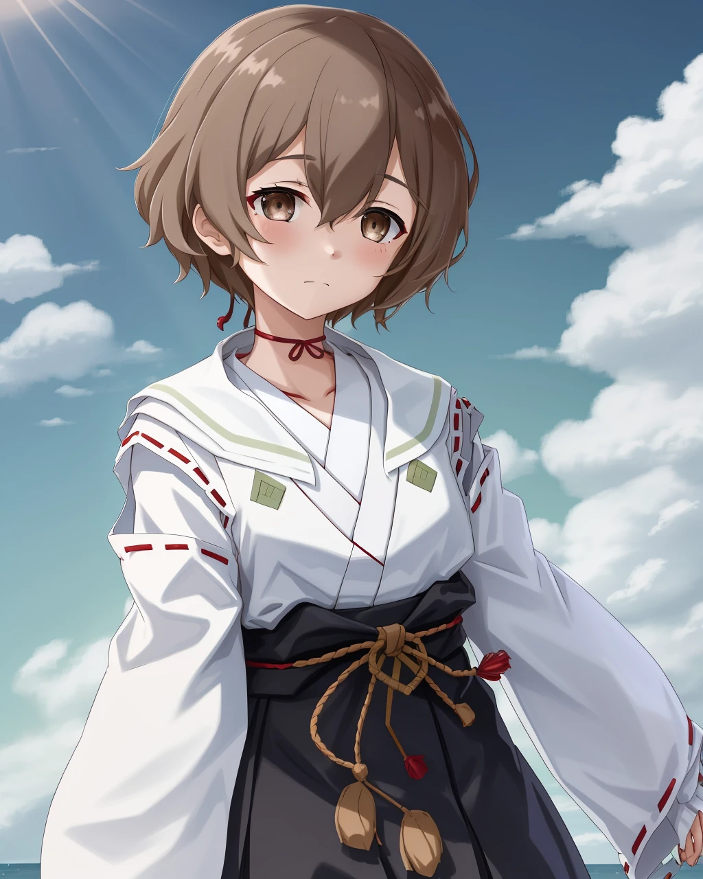 <lora:Fujimori_Mito-10:0.7>,1girl, solo, short hair,brown hair, brown eyes,between eyes, long sleeves, japanese clothes,wide sleeves, kimono, sleeves past wrists,White hakama,miko,green stripes,tabi,