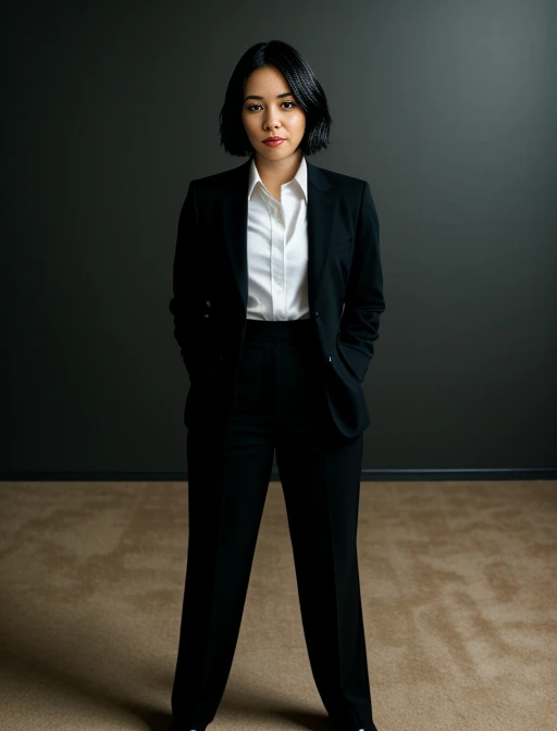 full body shot of business photo of laika_aka, pants, black attire, big breats, collared shirt, tucked shirt,  <lora:laika_aka:1>. Professional attire, workplace setting, confident. Whole outfit, clear, sharp, balanced<lora:lcm-lora-sd15:1.0>