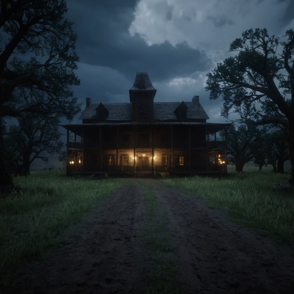 cinematic film still of cinematic film still of <lora:Red Dead Redemption style:1>
a creepy looking building with a creepy sky,outdoors,sky,cloud,tree,no humans,night,cloudy sky,grass,building,night sky,scenery,mountain,sign,fence,road,dark,house , epic, Western, adventures, outlaw, Red Dead, Western United States, wild west, cowboy, cowgirl, Open world, 1900's, realistic, cinematic, film look, dramatic light, partially covered in shadows, gang, Western-themed action-adventure, Red Dead Redemption style, shallow depth of field, vignette, highly detailed, high budget, bokeh, cinemascope, moody, epic, gorgeous, film grain, grainy