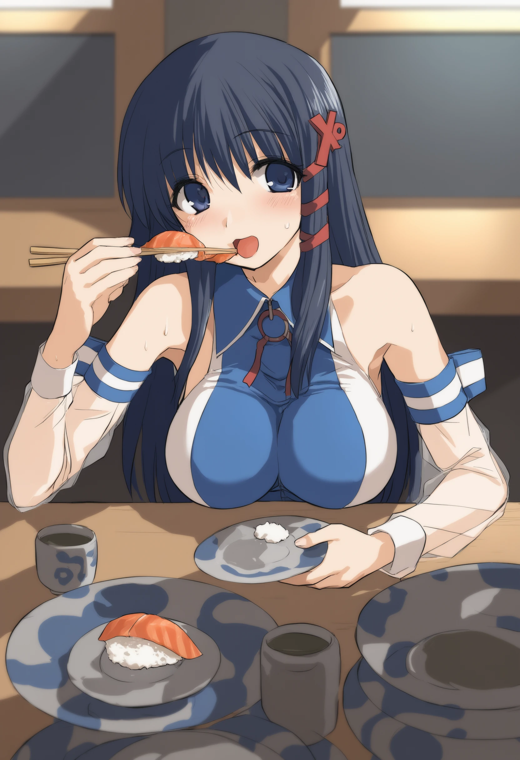 1girl, <lora:xptanXLv1:0.9>,xptan,
black hair, blue eyes,long hair, x hair ornament,detached sleeves, long sleeves,necktie,
<lora:kaitenzushiXLv2:0.8>,kaitenzushi,happy,sitting, eating, upper body,
masterpiece,best quality,