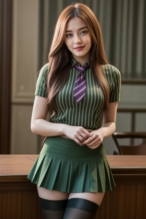 ((1 girl, 22 y.o, Masterpiece, best quality, cinematic lighting, 8k, full body shot, long hair, hourglass body)), (smile:0.85), (realistic background:1.2)
<lora:Striped_C1_Dress_By_Stable_Yogi:1>
green shirt, striped print, necktie, skirt, thighhighs