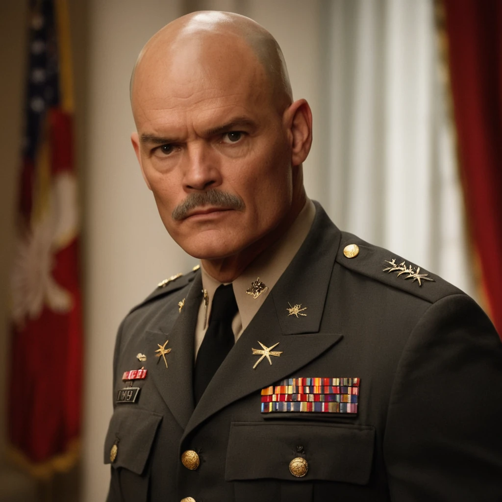 cinematic film still of <lora:Command and Conquer style v2:1>
General Ben Carville a bald man in a military uniform standing in a room,solo,1boy,male focus,necktie,uniform,military,window,military uniform,facial hair,realistic,mustache,bald,real life insert Allied, American, US, Command & Conquer, Red Alert style, Command and Conquer style, shallow depth of field, vignette, highly detailed, high budget, bokeh, cinemascope, moody, epic, gorgeous, film grain, grainy