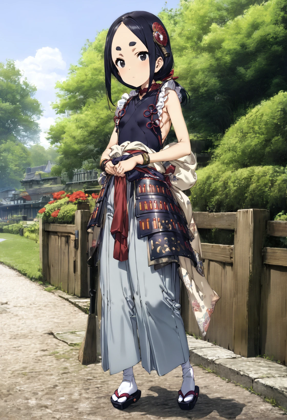 (masterpiece, best quality:1.2), 1girl, solo, black hair, low ponytail. long hair, black eyes, thick eyebrows, small breasts, black bodysuit, gray pants, japanese clothes, wristbands, japanese armor, tabi, sandals, head ornament, red flower chocker, bare arms, cowboy shot, outdoors, full body, victorian, london <lora:Chise sdxl_lora:1> <lora:Chise sdxl_lora:0.9><lora:MeMaXL_V2:0.9>