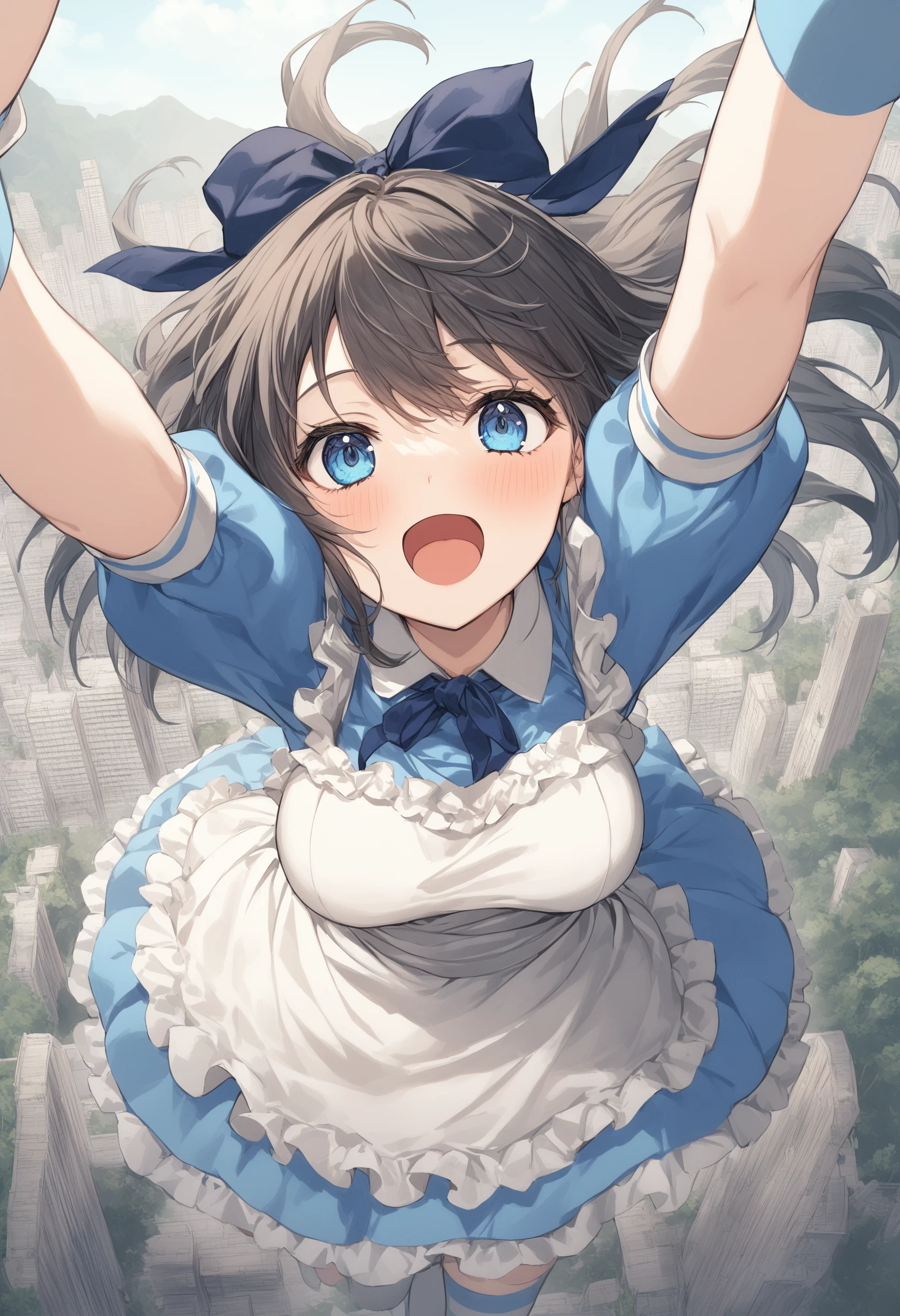 1girl, <lora:sdxl2-flat2-512b:-1>,medium breasts,solo,
<lora:alicecosXLv2:0.8>,alicecos,thighhighs,legwear,hair ribbon, blue dress,short sleeves, frills apron, puffy short sleeves,
from above, upper body, looking up, laugh, Rio de Janeiro city, open mouth,
best quality,medium quality,