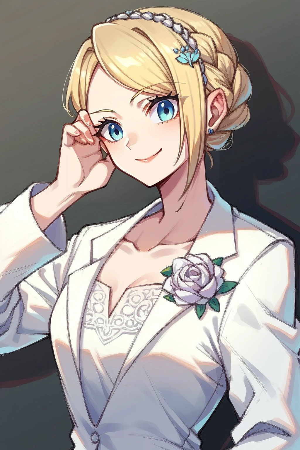 absurdres,high quality,score_9, score_8_up, score_7_up, score_6_up, score_5_up, score_4_up, source_anime,edgCosette,braid,white suit, skirt, blonde hair, smile
<lora:edgCosettePony:1>