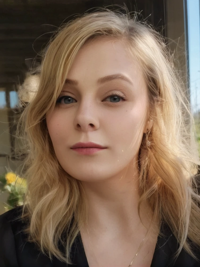 a beautiful picture of sydsnap, detailed skin texture,masterpiece, face focus, photorealistic, woman, 4k, HDR, backlighting, bloom, light, RAW color photo,(fully in frame:1.1), (blush:0.5), (goosebumps:0.5), <lora:sydsnap:1>,blonde,wearing a black outfit