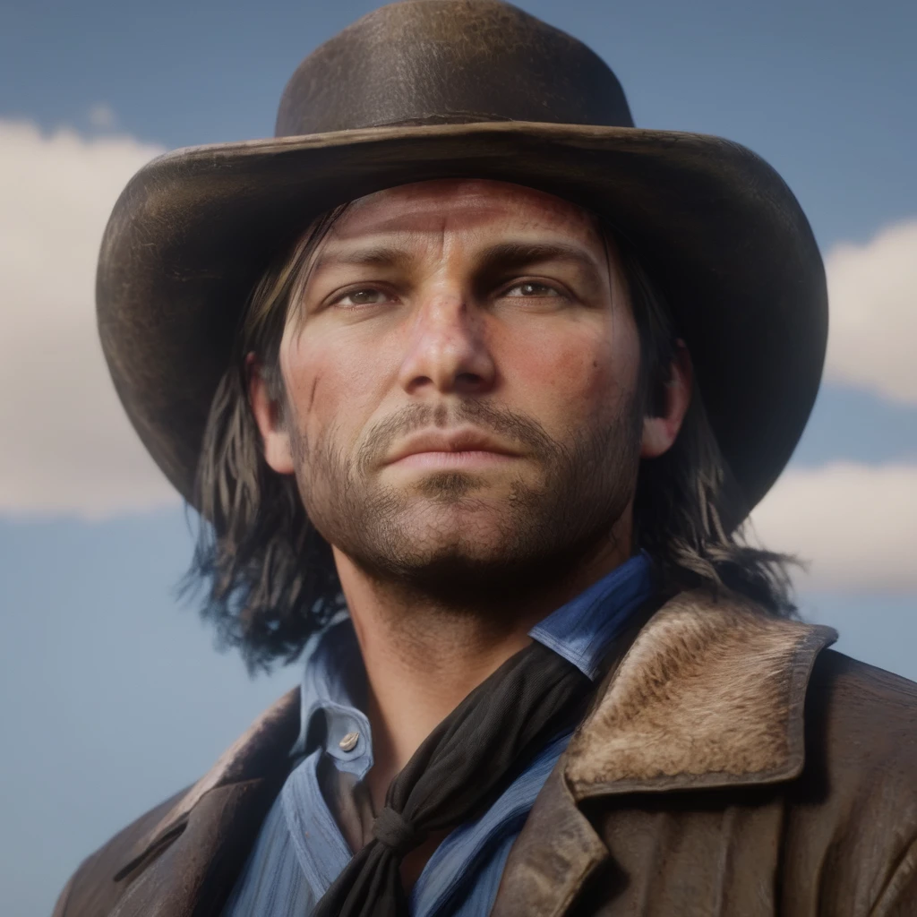 Hyperrealistic art of  <lora:Red Dead Redemption style:1>
John Marston a man with scars and long hair wearing a hat,solo,looking at viewer,brown hair,1boy,hat,closed mouth,male focus,blurry,facial hair,portrait,beard,realistic,stubble,manly,cowboy hat , epic, Western, adventures, outlaw, Red Dead, Western United States, wild west, cowboy, cowgirl, Open world, 1900's, realistic, cinematic, film look, dramatic light, partially covered in shadows, gang, Western-themed action-adventure, Red Dead Redemption style, Extremely high-resolution details, photographic, realism pushed to extreme, fine texture, incredibly lifelike