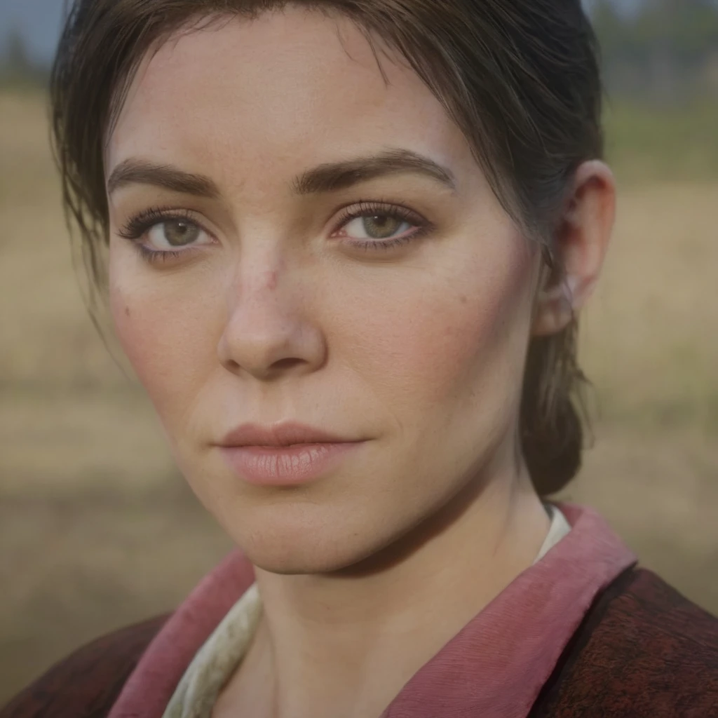 cinematic film still of  <lora:Red Dead Redemption style:1>
Abigail Marston a woman with a pink shirt and a brown hair,1girl,solo,looking at viewer,short hair,brown hair,shirt,brown eyes,closed mouth,lips,portrait,realistic , epic, Western, adventures, outlaw, Red Dead, Western United States, wild west, cowboy, cowgirl, Open world, 1900's, realistic, cinematic, film look, dramatic light, partially covered in shadows, gang, Western-themed action-adventure, Red Dead Redemption style, shallow depth of field, vignette, highly detailed, high budget, bokeh, cinemascope, moody, epic, gorgeous, film grain, grainy