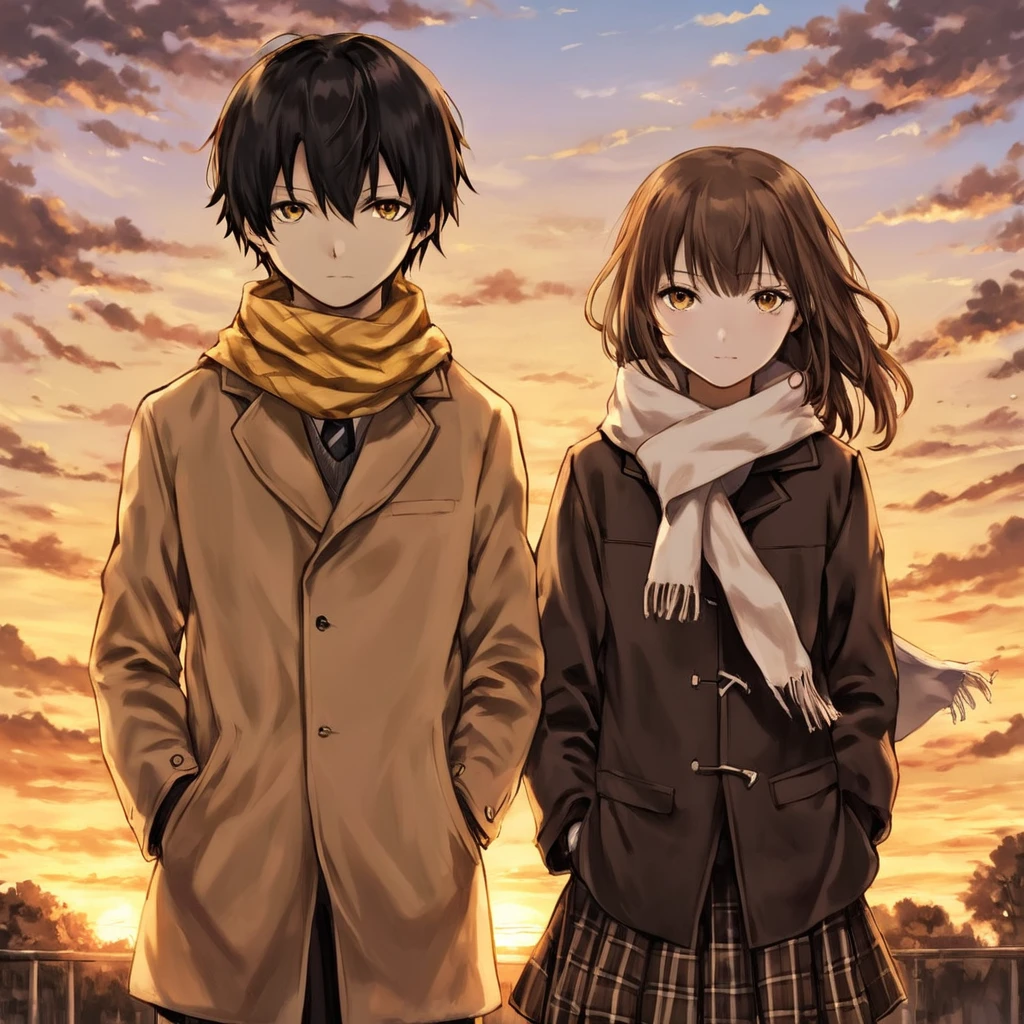 1girl,long hair,looking at viewer,short hair,brown hair,sunset,yellow theme,black hair,1boy,brown eyes,school uniform,sky,cloud,scarf,coat,expressionless,arms at sides ,by ABeS567,<lora:ABeLoRaXL-000007:0.9>