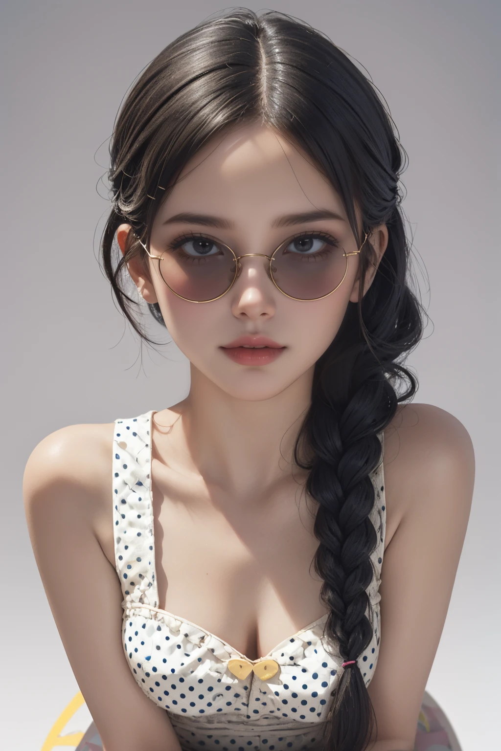 ( detailed realistic background:1),
( official art, beautiful and aesthetic:1 ),
realistic lighting,
cinematic lighting,
hyperrealism,
soothing tones,
muted colors,
high contrast,
soft light,
sharp,
artistic photoshoot,
( cute, petite ),
slender,
european,
pale cheeks,
square face shape with angular jaw,
natural "no-makeup" makeup,
big breasts,
,
brunette hair ,
dutch fishtail braid hairstyle ,
wearing (Retro_polka_dot_dress:1.4),(Vintage_sunglasses:1.3),(Block-heel_sandals:1.2),(Retro_diner_background:1.4) ,
looking at viewer,