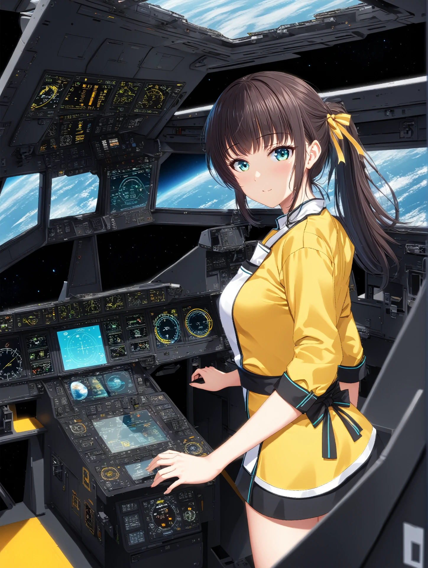 masterpiece best quality,
<lora:kana_kashiwazaki-sdxl:0.75>
1girl,solo,
kanakashiwazaki, yellow ribbon, aqua eyes,
long ponytail,
(cook outfit:1.25),
spaceship, cockpit, heads up display, hud,,
(" " )