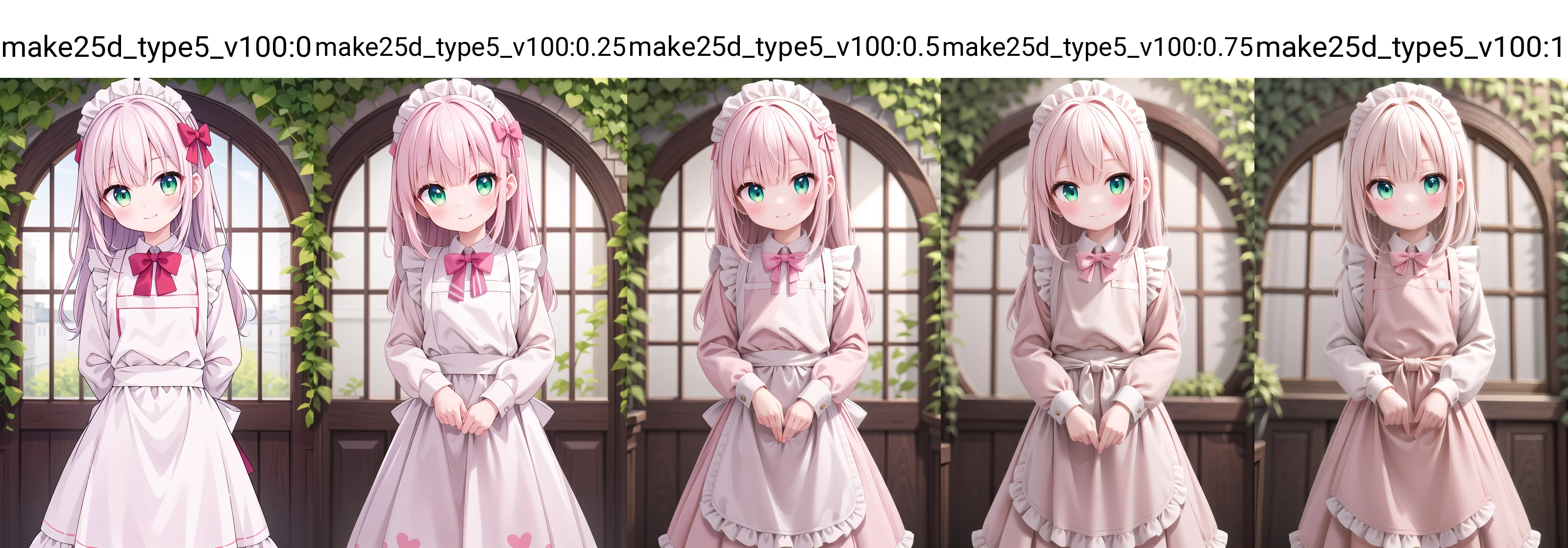 <lora:make25d_type5_v100:0>
(from side:-1.5), (45 angle:-1.5), (hands:-1.5), (cleavage:-1.5),
insanely detailed, absurdres, ultra-highres, ultra-detailed, best quality,
1girl, solo, nice hands, perfect hands,
BREAK
apron, blush, bow, bowtie, frilled apron, frills, long sleeves, maid, maid apron, maid headdress, waist apron, white apron
BREAK
smile, closed mouth
BREAK
(arms behind back:1.3), cowboy shot, looking at viewer,
BREAK
slender, kawaii, perfect symmetrical face, ultra cute girl, ultra cute face, ultra detailed eyes, ultra detailed hair, ultra cute, ultra beautiful,
BREAK
day, flower, ivy, leaf, indoors, open door, plant, potted plant, vines, window,
BREAK
white (pink:1.2) hair, green eyes, long hair, medium breasts, bangs, eyebrows visible through hair,