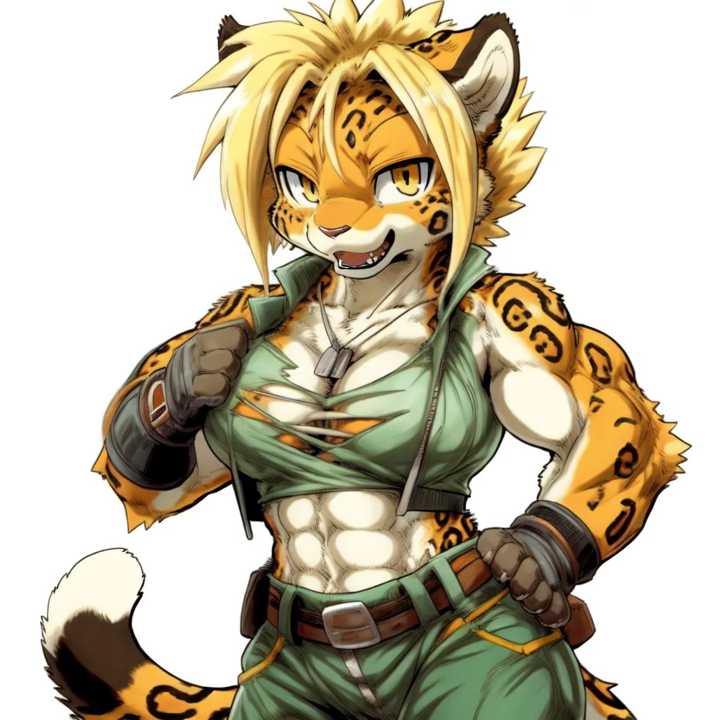 anthro,
female,
solo,
leopard,
pants,
green pants,
shirt,
white shirt,
muscular,
tits,
cleavage,
tonned,
muscular,
gloves,
yellow gloves,
dog tags,
yellow eyes,
belt,
torn clothes,
torn pants,
torn shirt,
blonde,
blonde hair,
short hair,
spiked hair,
<lora:Leopard_Bloody_Roar-10:1>, (best quality, good quality:1.4),
(by dagasi, by daigaijin),
