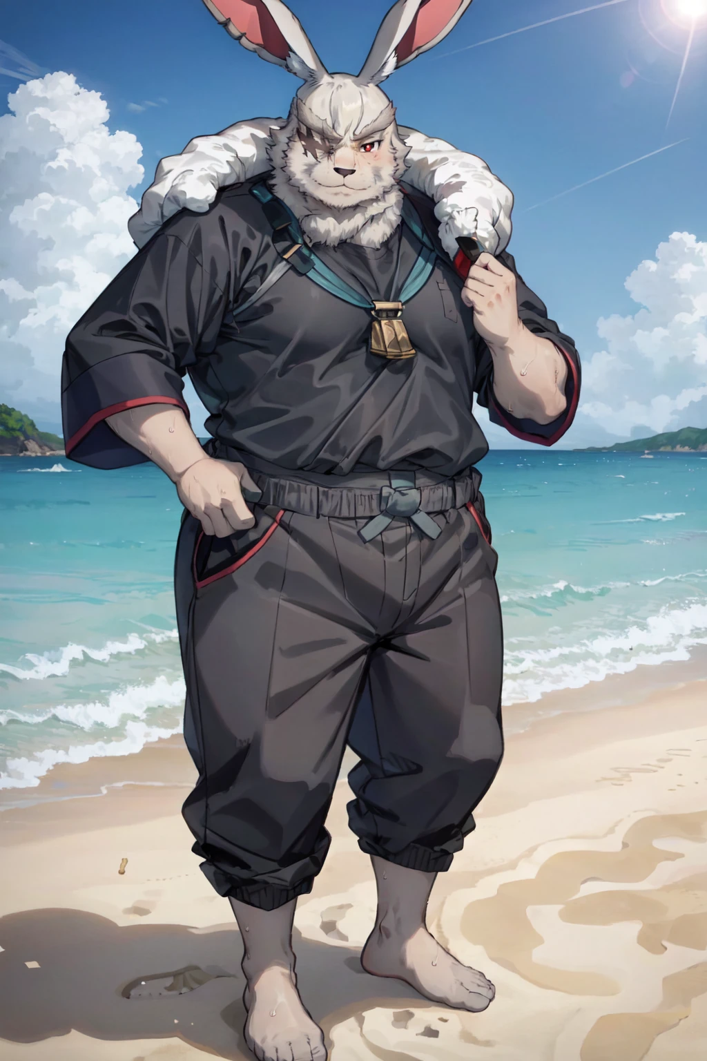 Vysache, furry, 1boy, rabbit boy, rabbit ears, animal nose, one-eyed, red eyes, white fur, fat, white background, black shirt, black pants, beach, sand, barefoot, standing, clouds, sun <lora:Vysach-10:1>