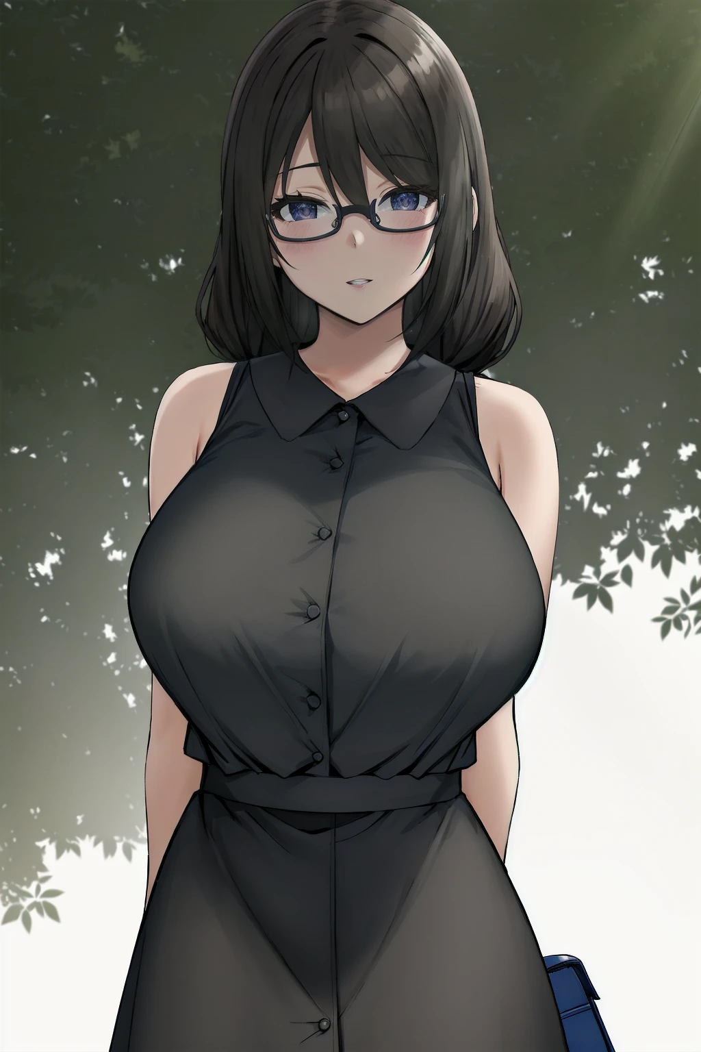 extremely detailed fine touch, natural light, sun light, light rays, dappled light, reflection, shadows, ray tracing, masterpiece, best quality, highly detailed,
 <lora:yurie:0.6> yurie, 1girl, arms behind back, bag, bangs, blush, braid, breasts, dress, eyebrows visible through hair, glasses, hair between eyes, handbag, large breasts, long hair, parted lips, shoulder bag, sleeveless